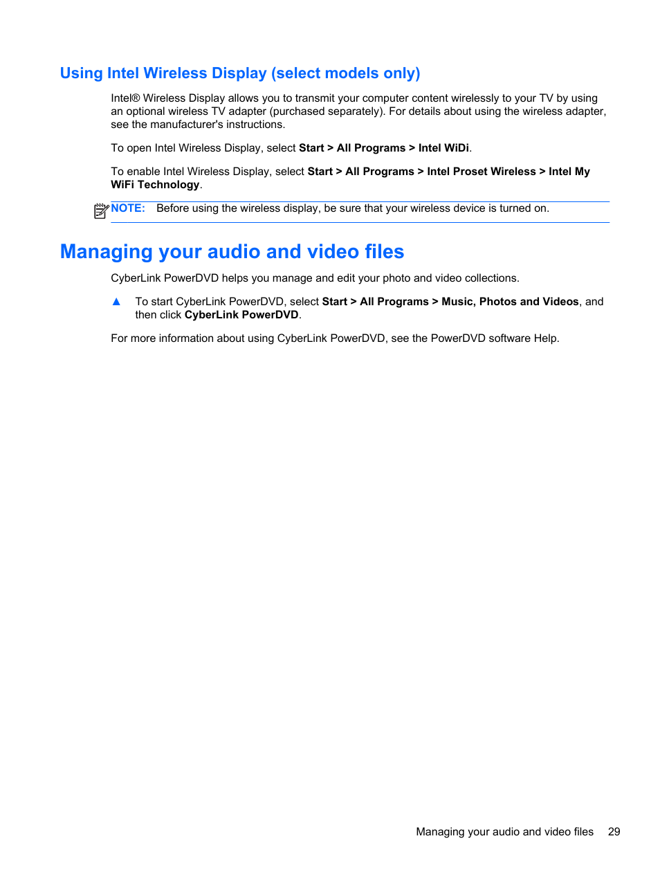 Using intel wireless display (select models only), Managing your audio and video files | HP Pavilion dv7-7133nr Entertainment Notebook PC User Manual | Page 39 / 103