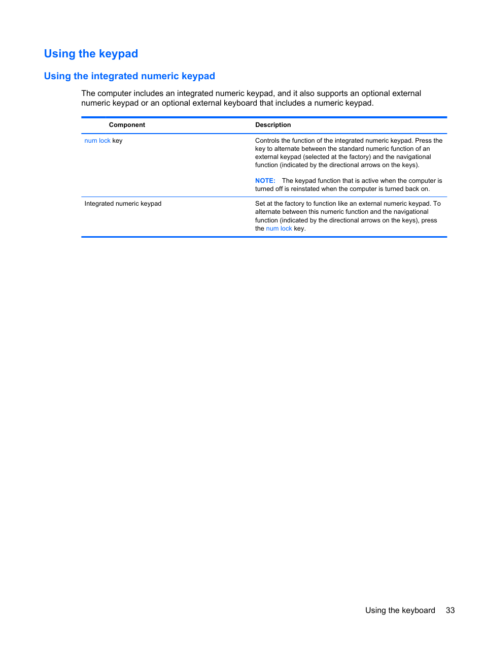 Using the keypad, Using the integrated numeric keypad | HP Pavilion dv7-7133nr Entertainment Notebook PC User Manual | Page 43 / 103