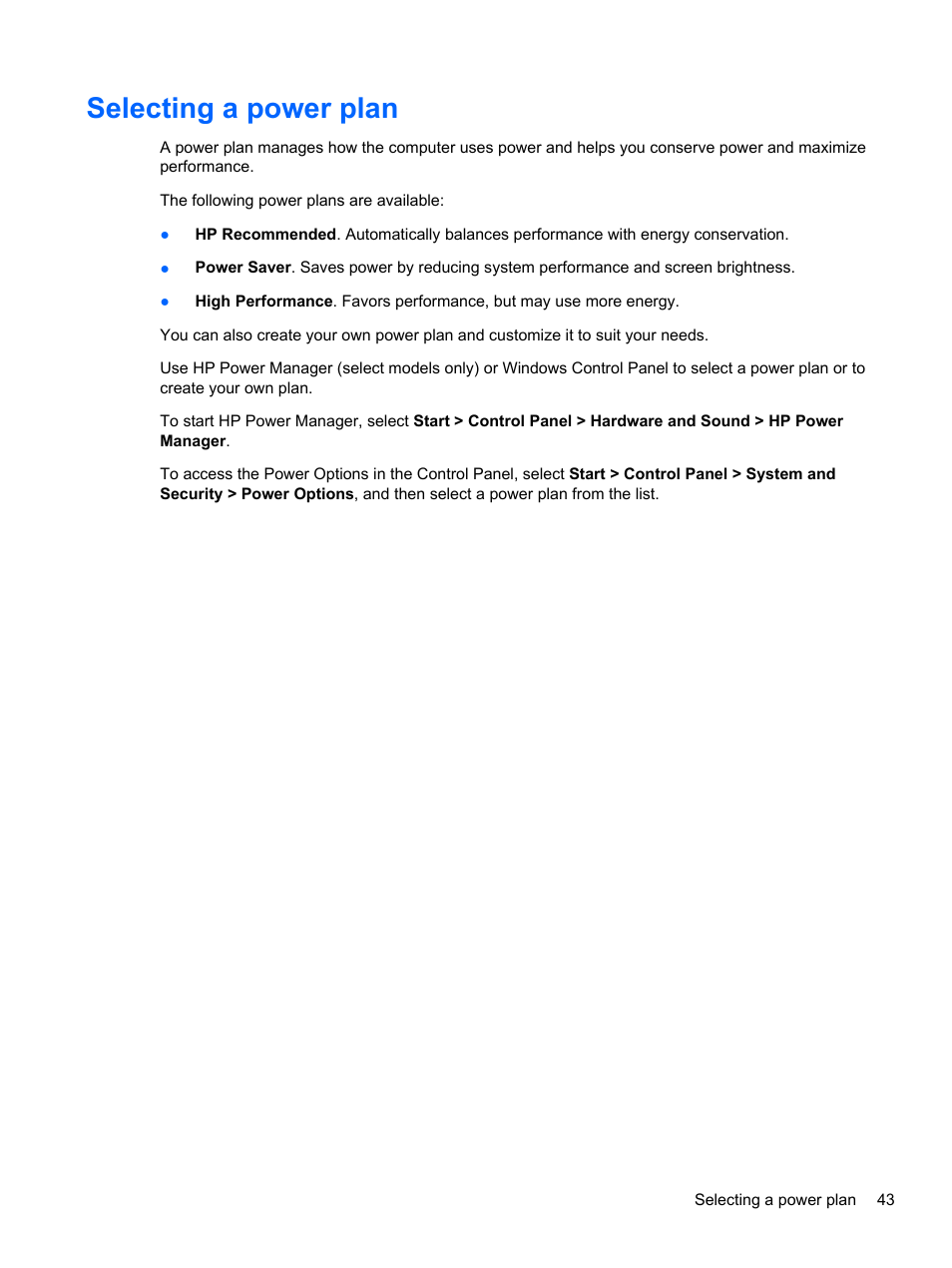 Selecting a power plan | HP Pavilion dv7-7133nr Entertainment Notebook PC User Manual | Page 53 / 103
