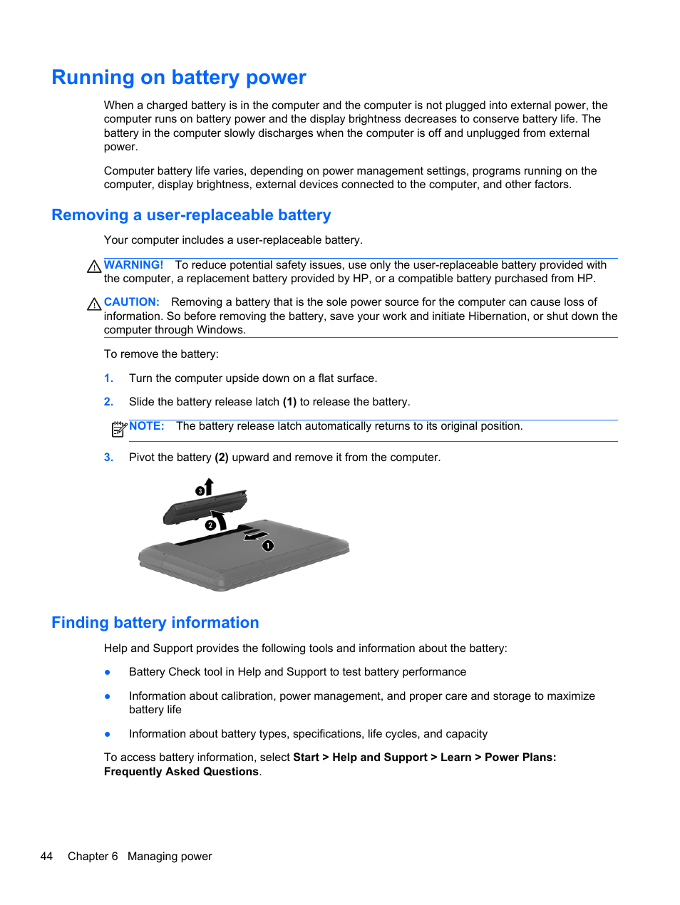 Running on battery power, Removing a user-replaceable battery, Finding battery information | HP Pavilion dv7-7133nr Entertainment Notebook PC User Manual | Page 54 / 103