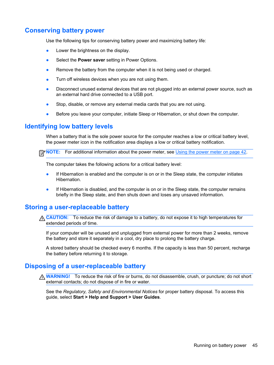 Conserving battery power, Identifying low battery levels, Storing a user-replaceable battery | Disposing of a user-replaceable battery | HP Pavilion dv7-7133nr Entertainment Notebook PC User Manual | Page 55 / 103