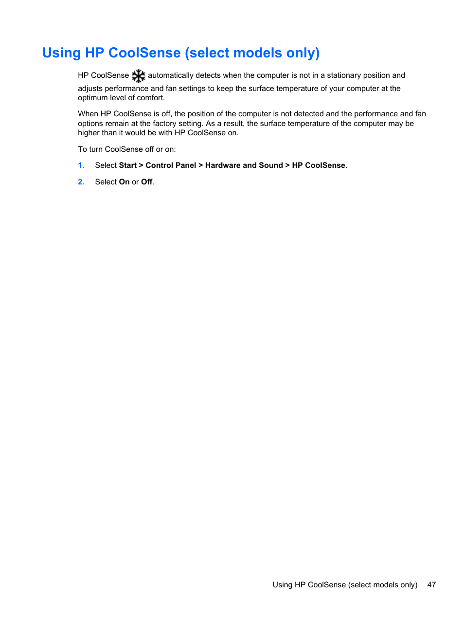 Using hp coolsense (select models only) | HP Pavilion dv7-7133nr Entertainment Notebook PC User Manual | Page 57 / 103