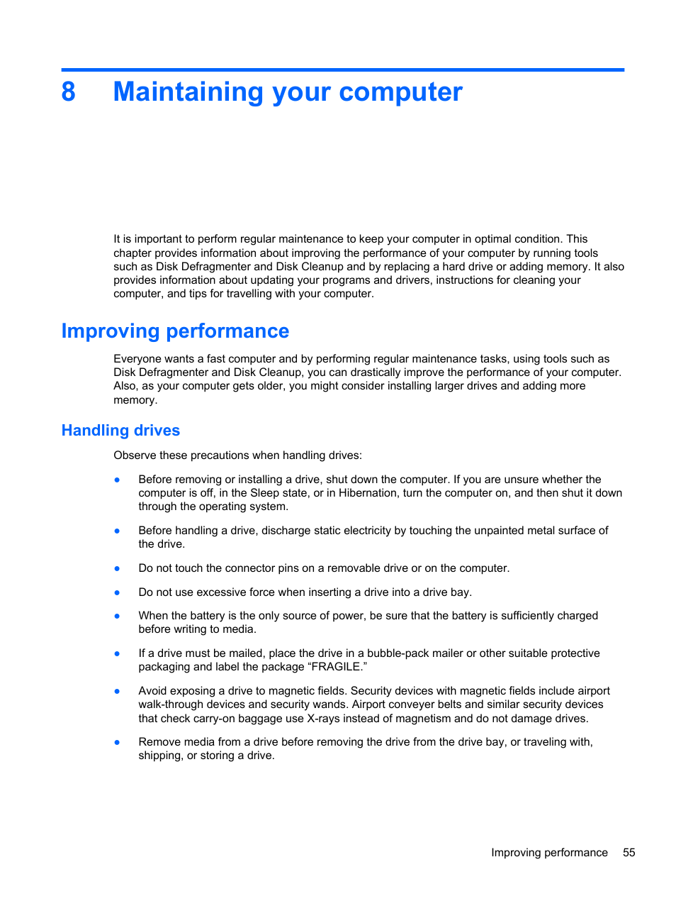 Maintaining your computer, Improving performance, Handling drives | 8 maintaining your computer, 8maintaining your computer | HP Pavilion dv7-7133nr Entertainment Notebook PC User Manual | Page 65 / 103