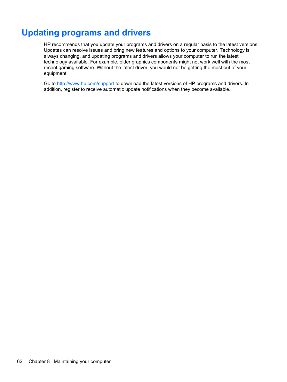 Updating programs and drivers | HP Pavilion dv7-7133nr Entertainment Notebook PC User Manual | Page 72 / 103