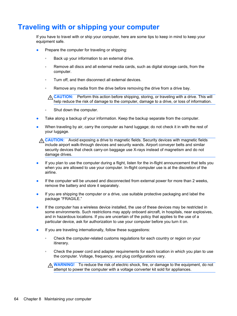 Traveling with or shipping your computer | HP Pavilion dv7-7133nr Entertainment Notebook PC User Manual | Page 74 / 103
