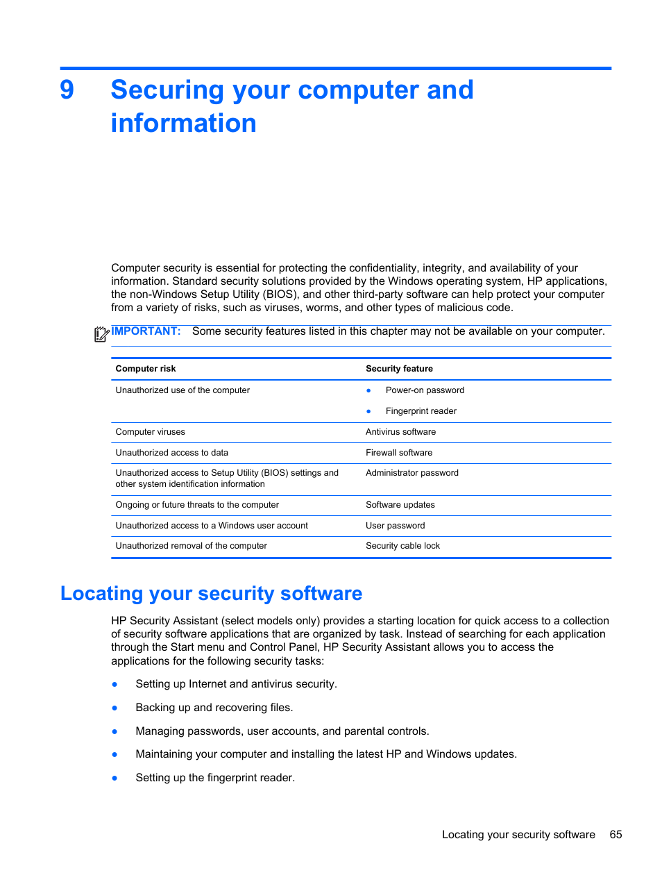 Securing your computer and information, Locating your security software, 9 securing your computer and information | 9securing your computer and information | HP Pavilion dv7-7133nr Entertainment Notebook PC User Manual | Page 75 / 103