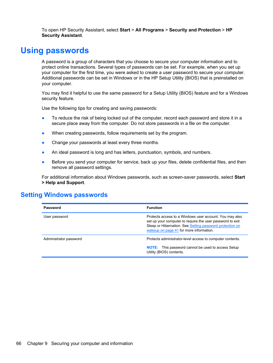 Using passwords, Setting windows passwords | HP Pavilion dv7-7133nr Entertainment Notebook PC User Manual | Page 76 / 103