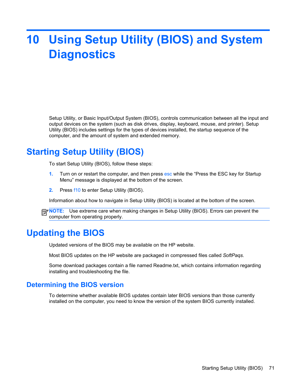 Using setup utility (bios) and system diagnostics, Starting setup utility (bios), Updating the bios | Determining the bios version, Starting setup utility (bios) updating the bios | HP Pavilion dv7-7133nr Entertainment Notebook PC User Manual | Page 81 / 103