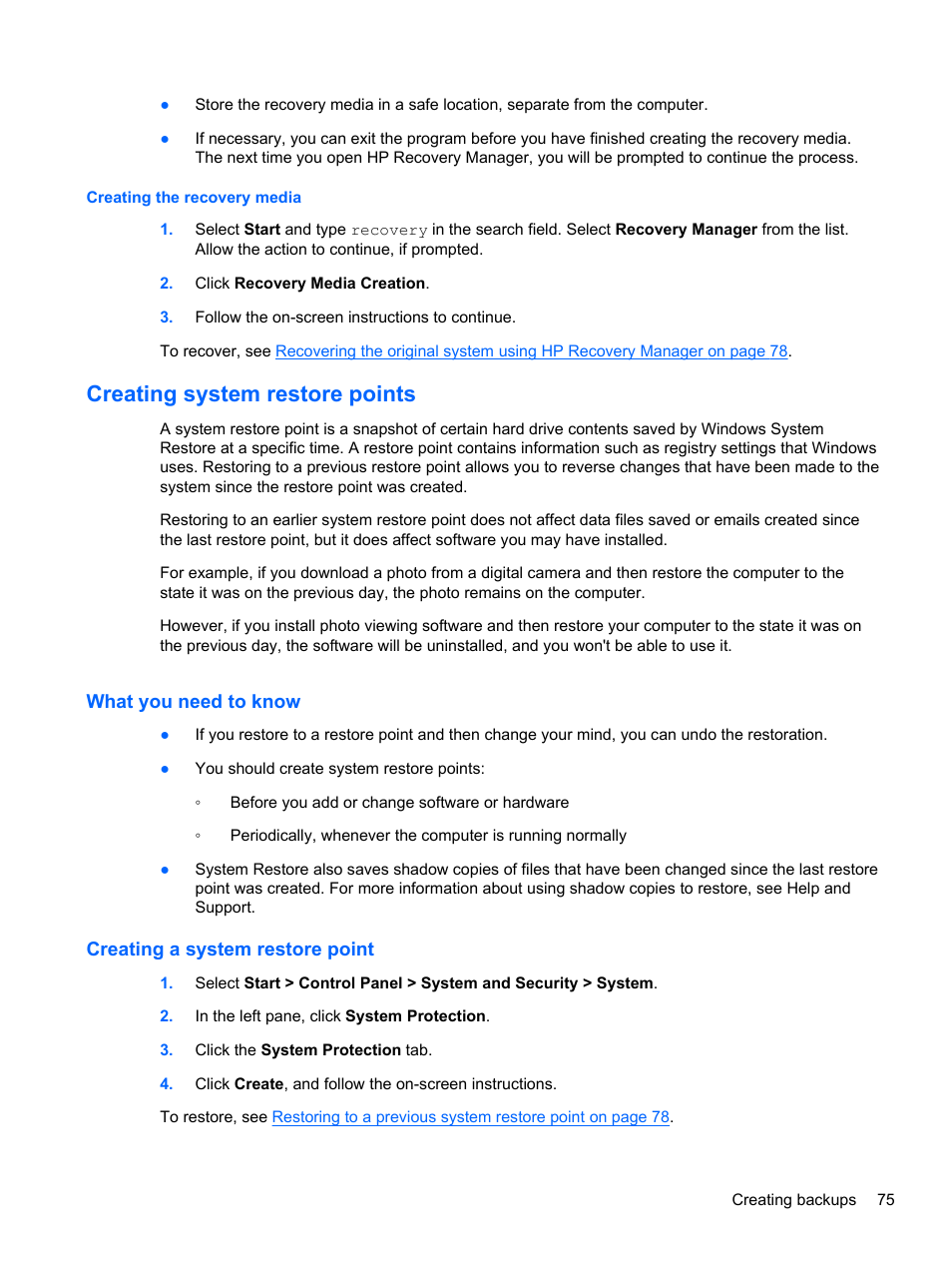 Creating the recovery media, Creating system restore points, What you need to know | Creating a system restore point | HP Pavilion dv7-7133nr Entertainment Notebook PC User Manual | Page 85 / 103