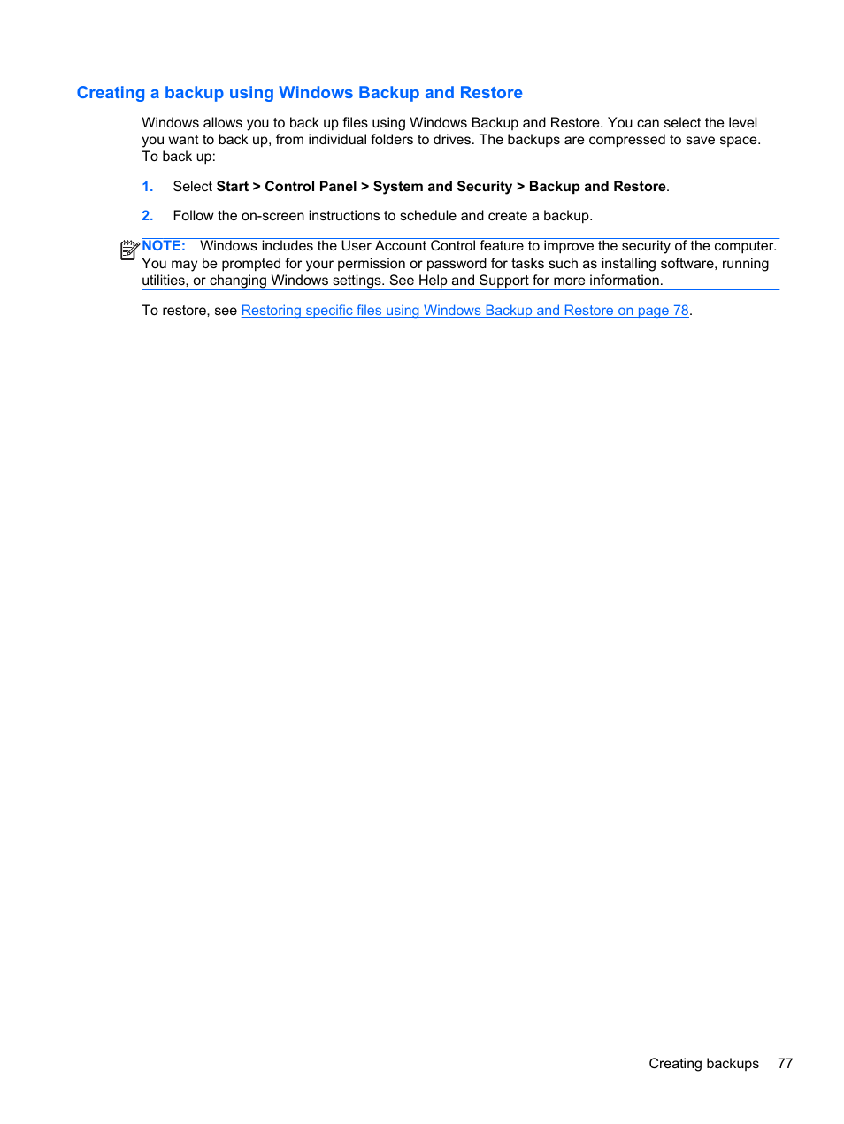 Creating a backup using windows backup and restore | HP Pavilion dv7-7133nr Entertainment Notebook PC User Manual | Page 87 / 103