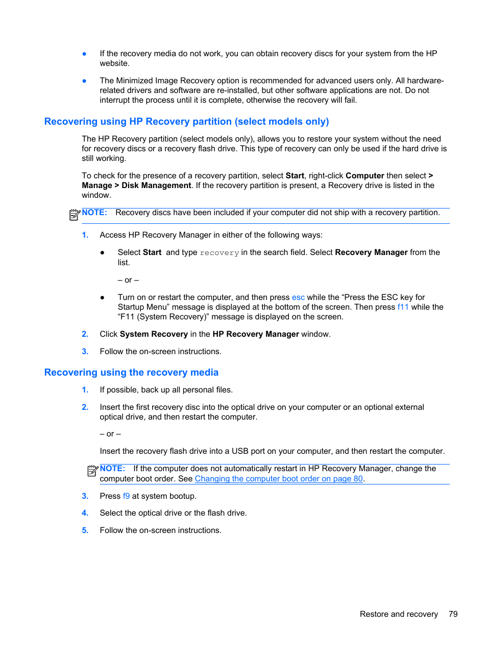 Recovering using the recovery media | HP Pavilion dv7-7133nr Entertainment Notebook PC User Manual | Page 89 / 103