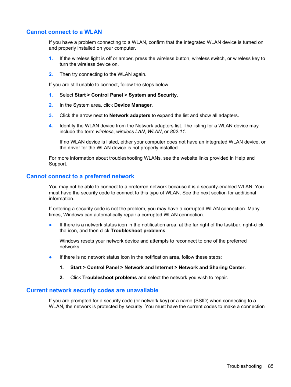 Cannot connect to a wlan, Cannot connect to a preferred network, Current network security codes are unavailable | HP Pavilion dv7-7133nr Entertainment Notebook PC User Manual | Page 95 / 103
