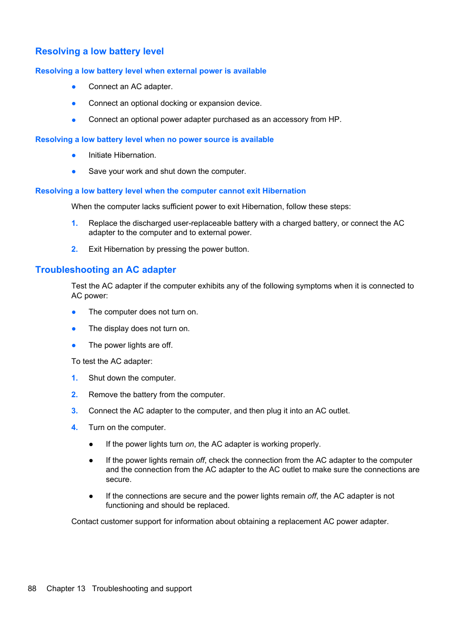 Resolving a low battery level, Troubleshooting an ac adapter | HP Pavilion dv7-7133nr Entertainment Notebook PC User Manual | Page 98 / 103