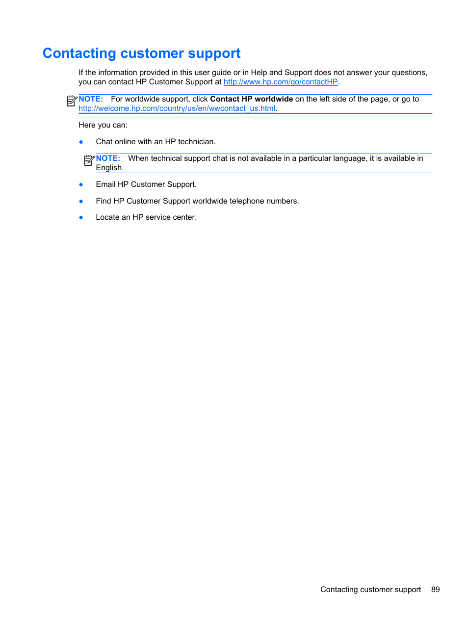 Contacting customer support | HP Pavilion dv7-7133nr Entertainment Notebook PC User Manual | Page 99 / 103