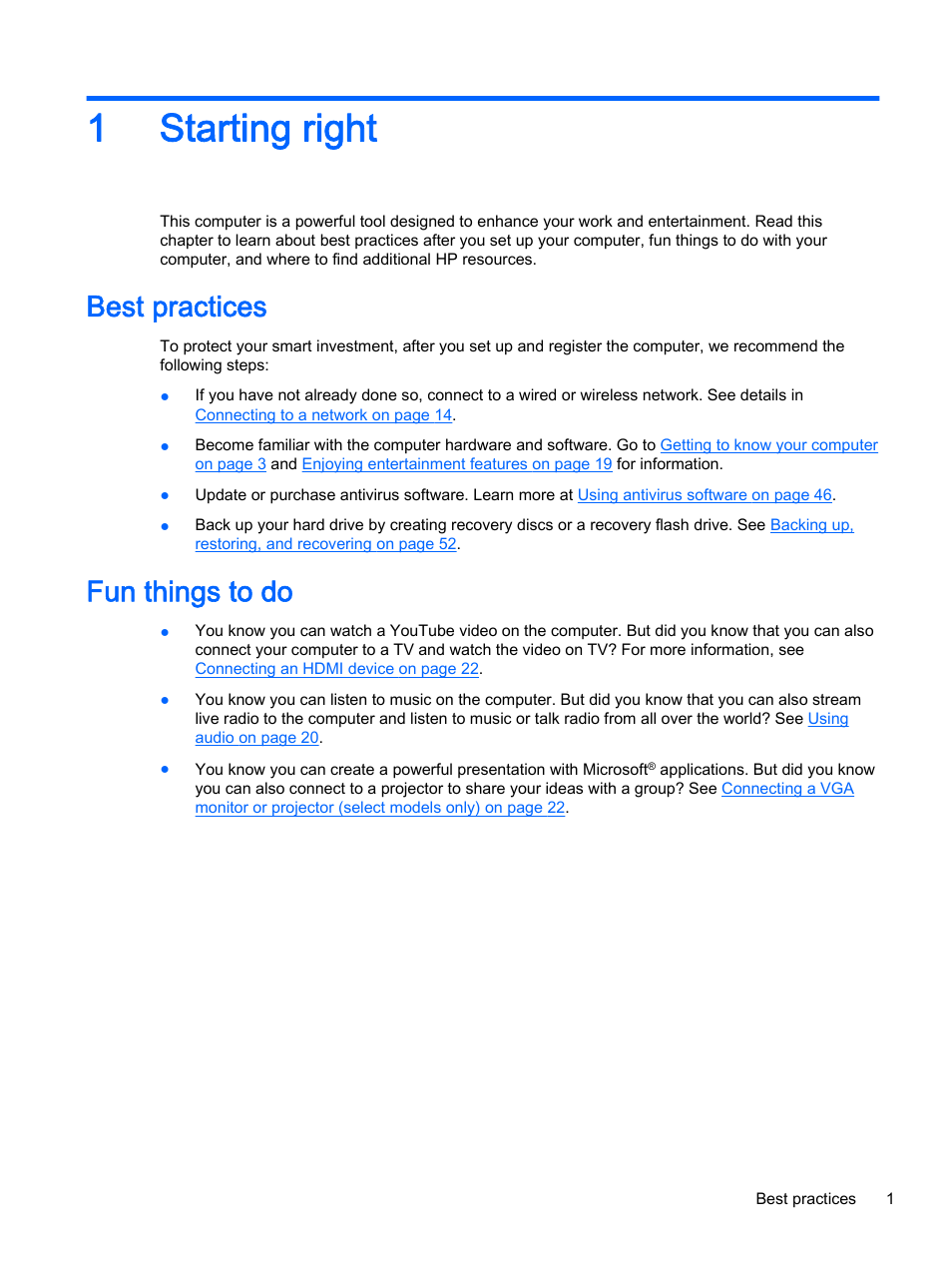 Starting right, Best practices, Fun things to do | 1 starting right, Best practices fun things to do, 1starting right | HP 15-r081nr Notebook PC User Manual | Page 11 / 77