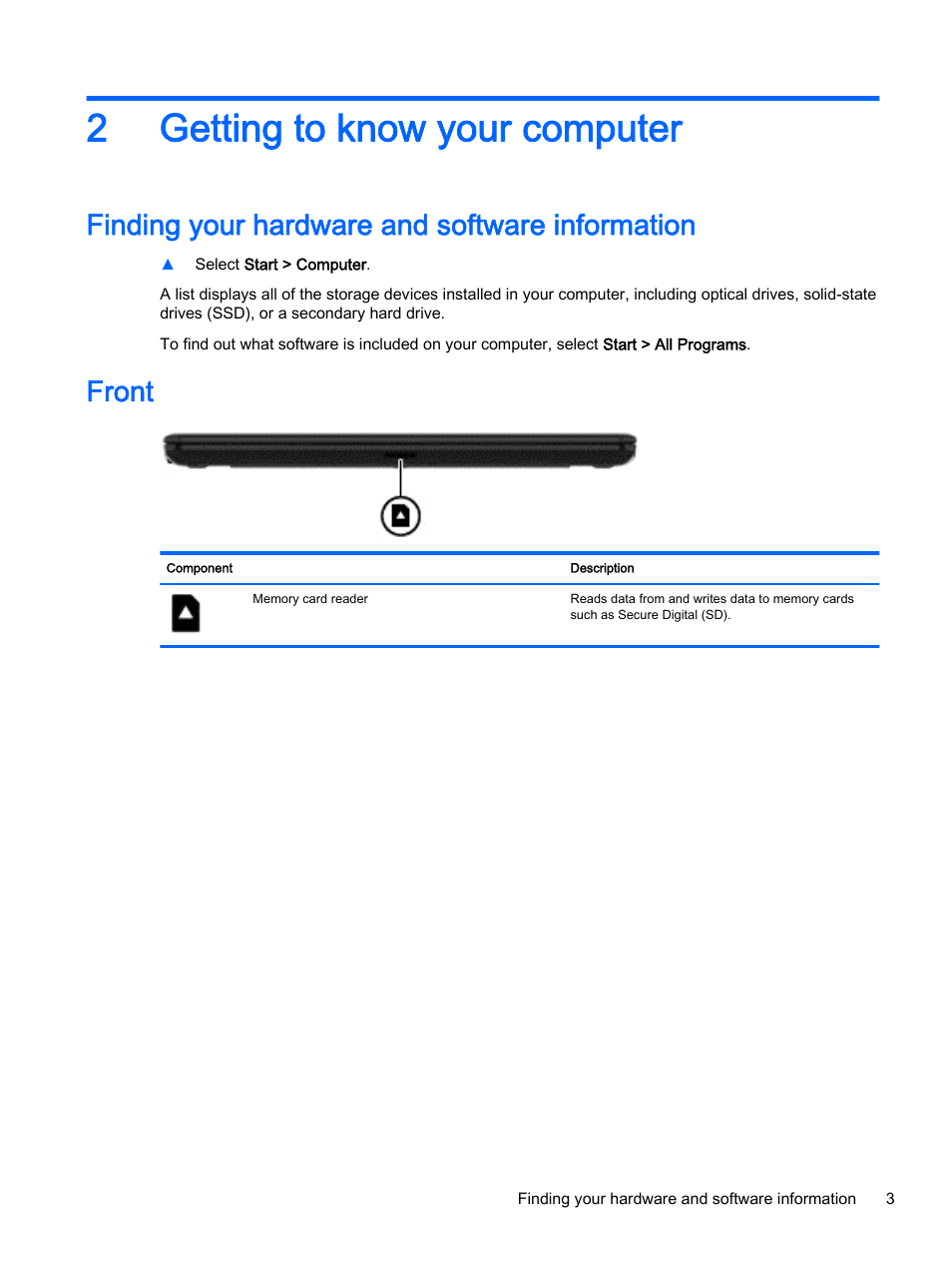 Getting to know your computer, Finding your hardware and software information, Front | 2 getting to know your computer, 2getting to know your computer | HP 15-r081nr Notebook PC User Manual | Page 13 / 77