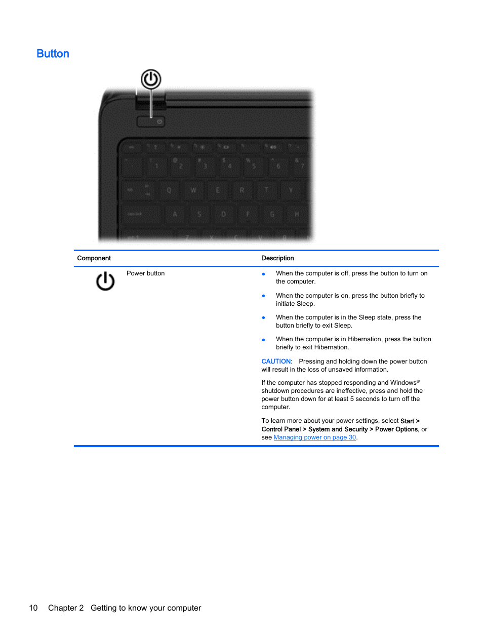 Button, 10 chapter 2 getting to know your computer | HP 15-r081nr Notebook PC User Manual | Page 20 / 77