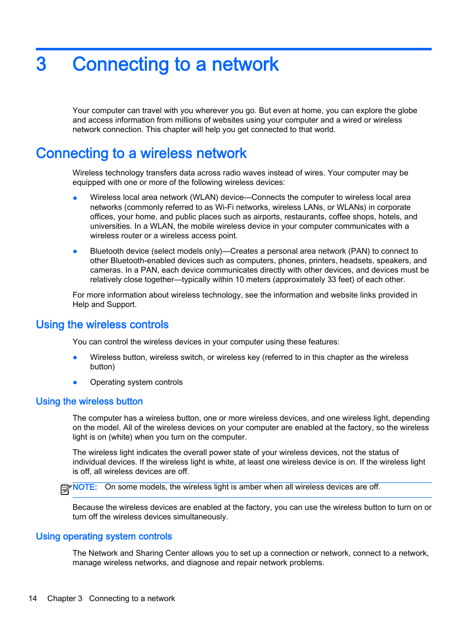 Connecting to a network, Connecting to a wireless network, Using the wireless controls | Using the wireless button, Using operating system controls, 3 connecting to a network, 3connecting to a network | HP 15-r081nr Notebook PC User Manual | Page 24 / 77
