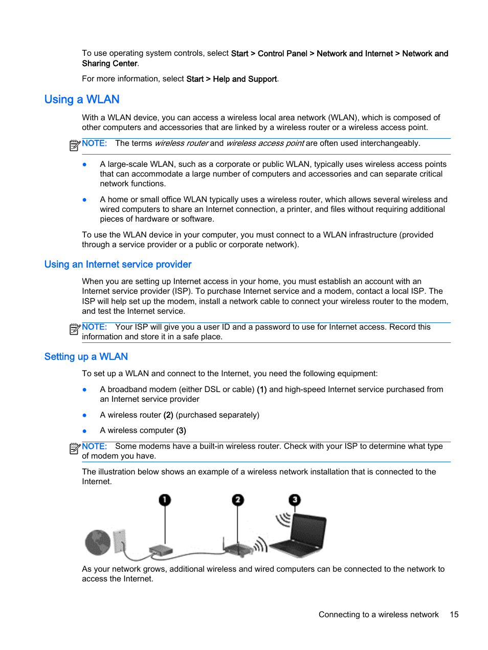 Using a wlan, Using an internet service provider, Setting up a wlan | HP 15-r081nr Notebook PC User Manual | Page 25 / 77