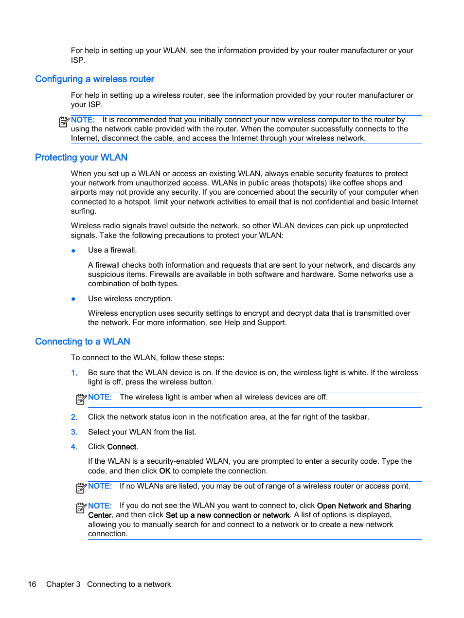 Configuring a wireless router, Protecting your wlan, Connecting to a wlan | HP 15-r081nr Notebook PC User Manual | Page 26 / 77