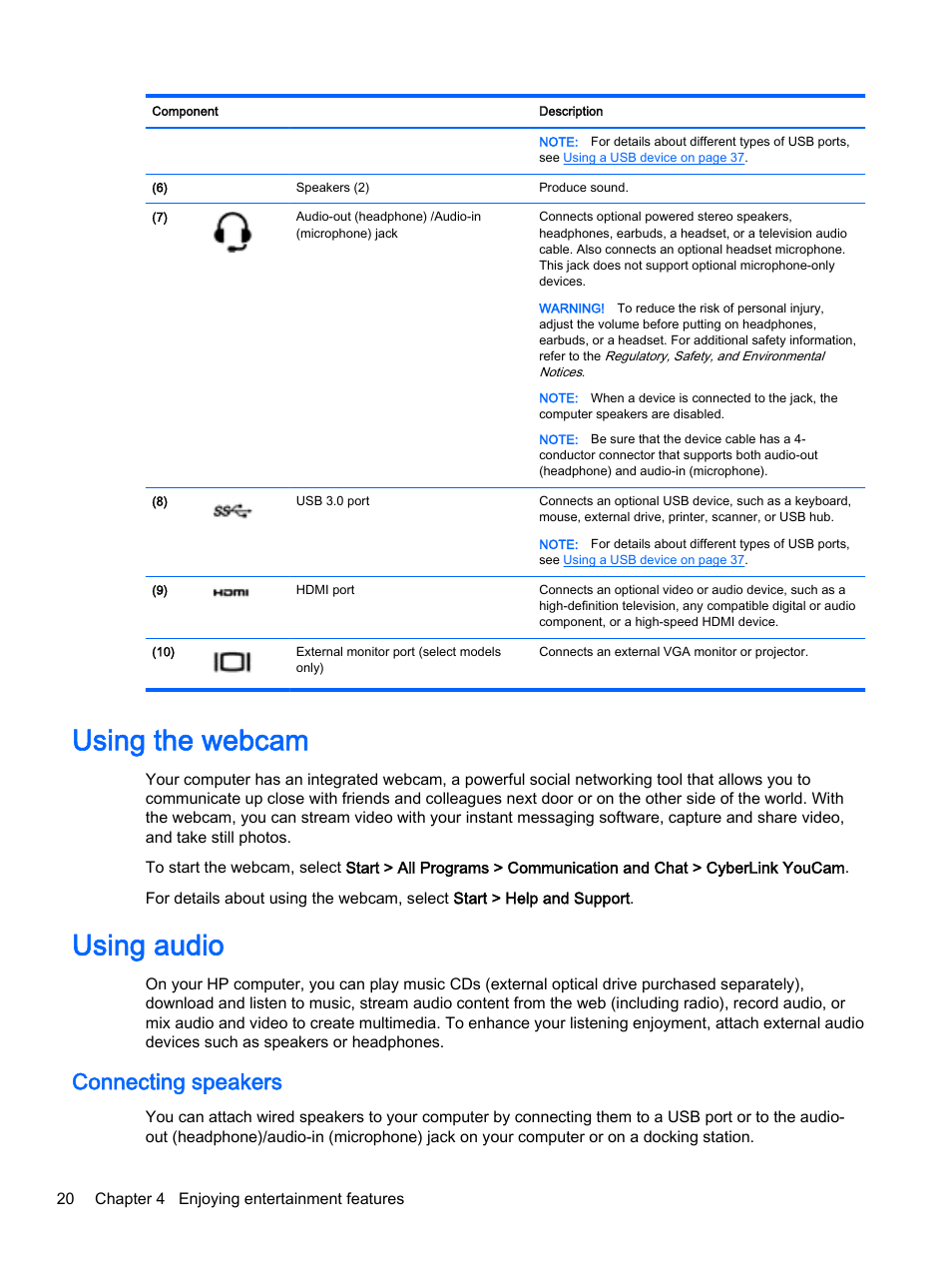 Using the webcam, Using audio, Connecting speakers | Using the webcam using audio, Using | HP 15-r081nr Notebook PC User Manual | Page 30 / 77