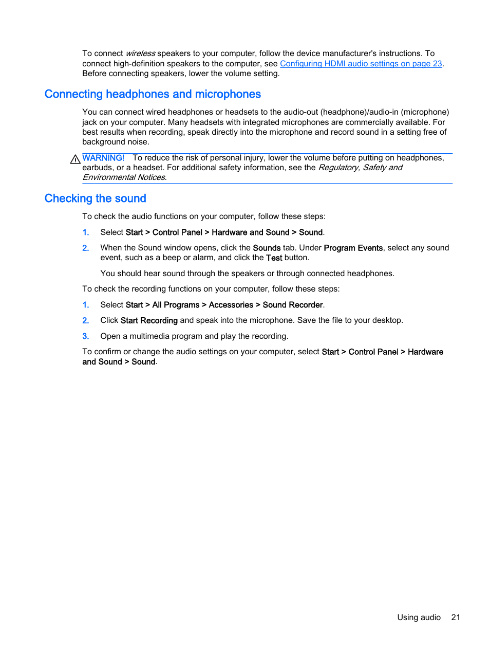 Connecting headphones and microphones, Checking the sound | HP 15-r081nr Notebook PC User Manual | Page 31 / 77