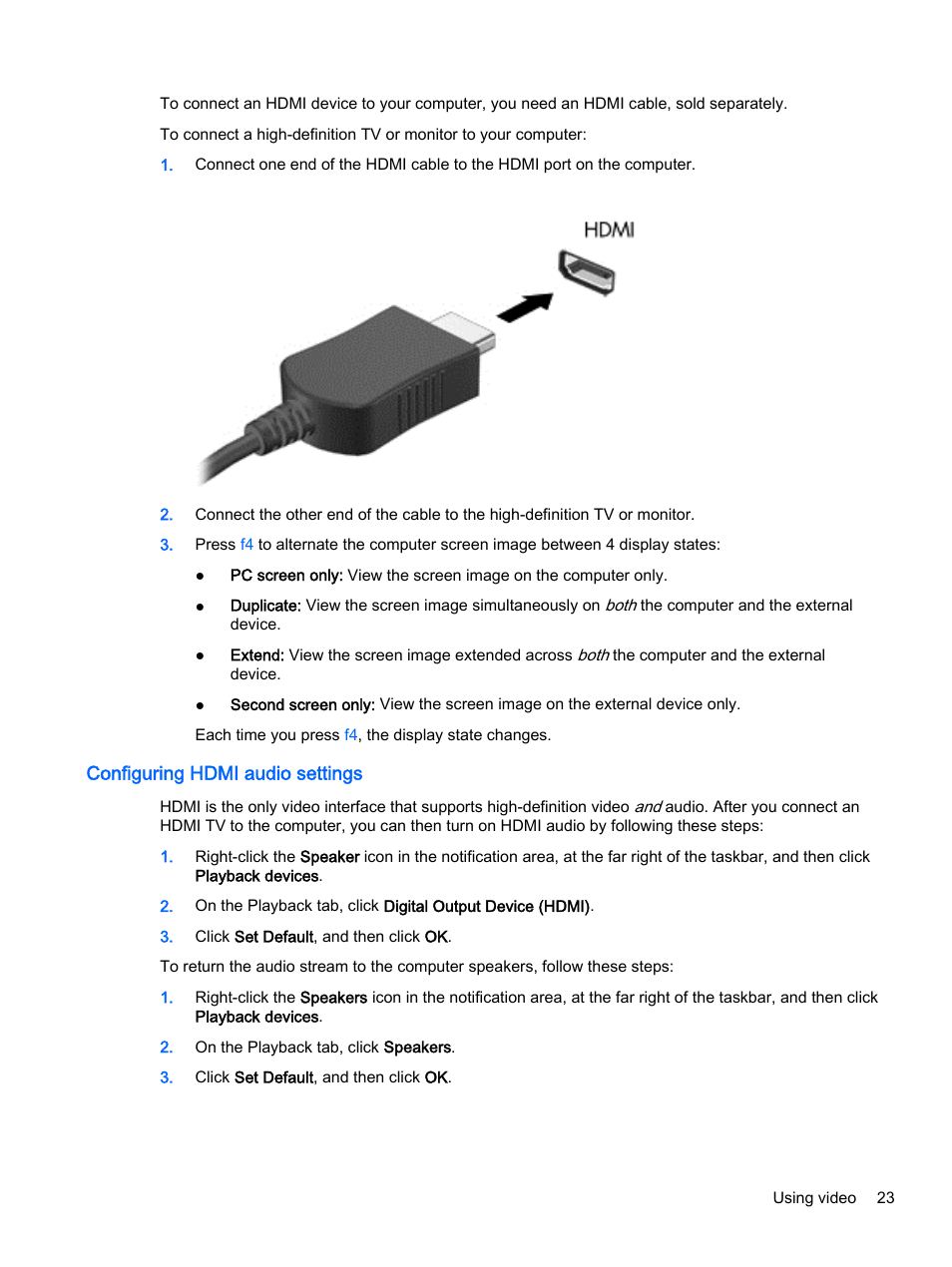 Configuring hdmi audio settings | HP 15-r081nr Notebook PC User Manual | Page 33 / 77
