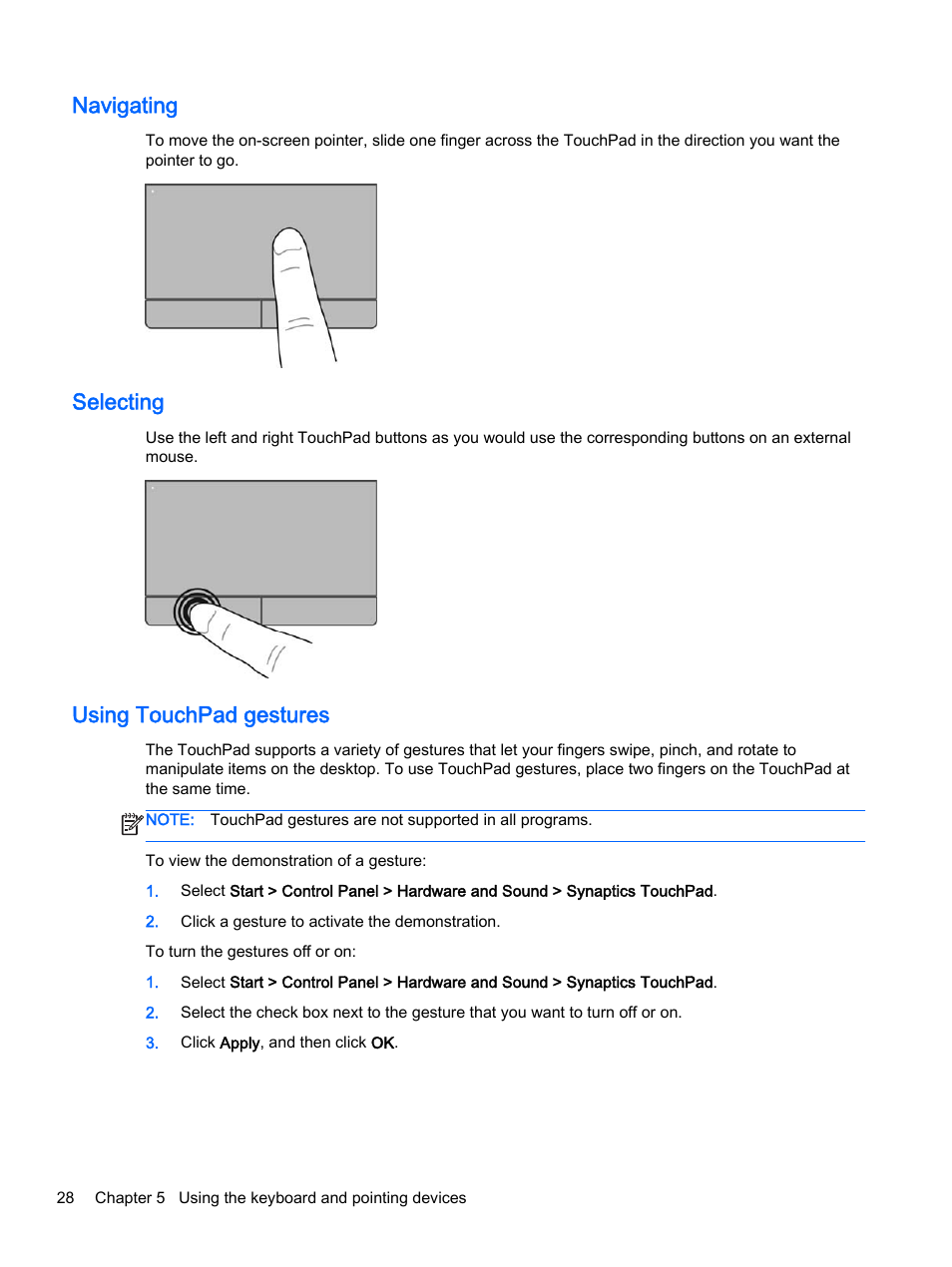 Navigating, Selecting, Using touchpad gestures | Navigating selecting using touchpad gestures | HP 15-r081nr Notebook PC User Manual | Page 38 / 77