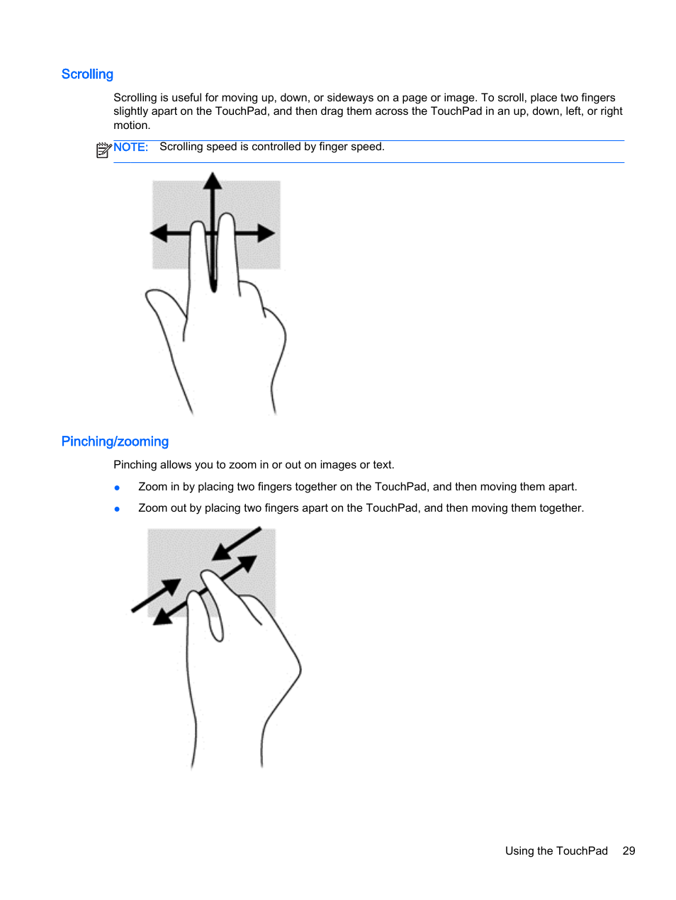 Scrolling, Pinching/zooming, Scrolling pinching/zooming | HP 15-r081nr Notebook PC User Manual | Page 39 / 77