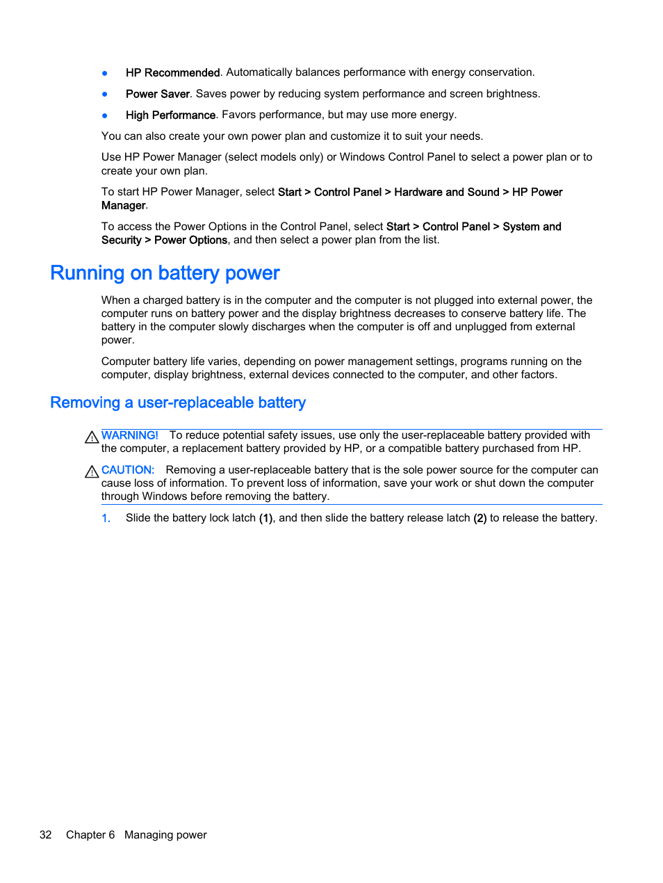 Running on battery power, Removing a user-replaceable battery | HP 15-r081nr Notebook PC User Manual | Page 42 / 77