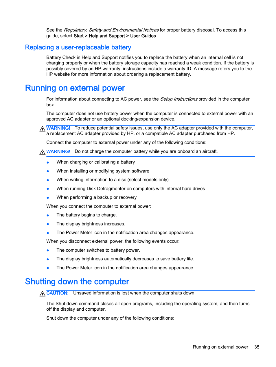 Replacing a user-replaceable battery, Running on external power, Shutting down the computer | HP 15-r081nr Notebook PC User Manual | Page 45 / 77