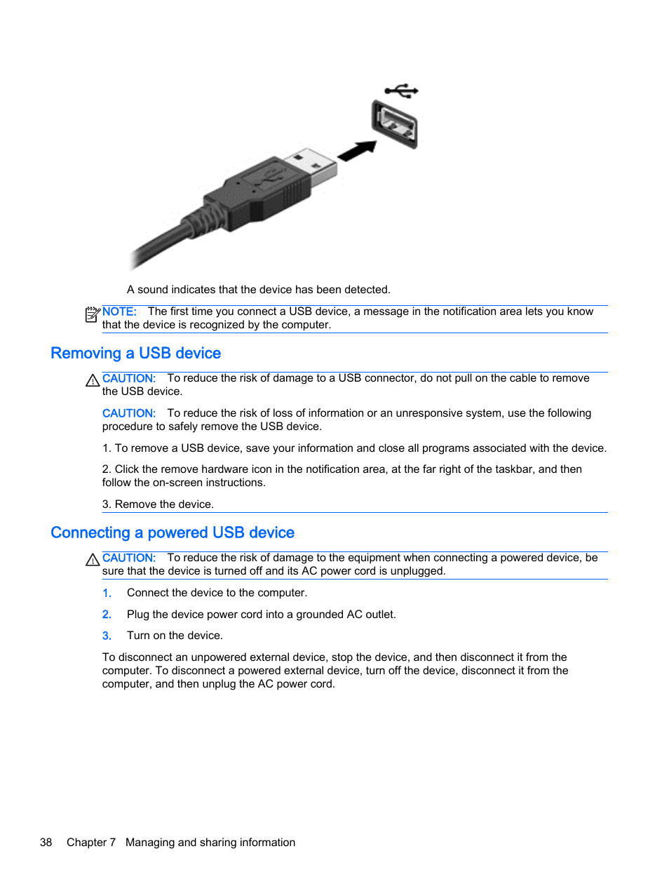 Removing a usb device, Connecting a powered usb device | HP 15-r081nr Notebook PC User Manual | Page 48 / 77