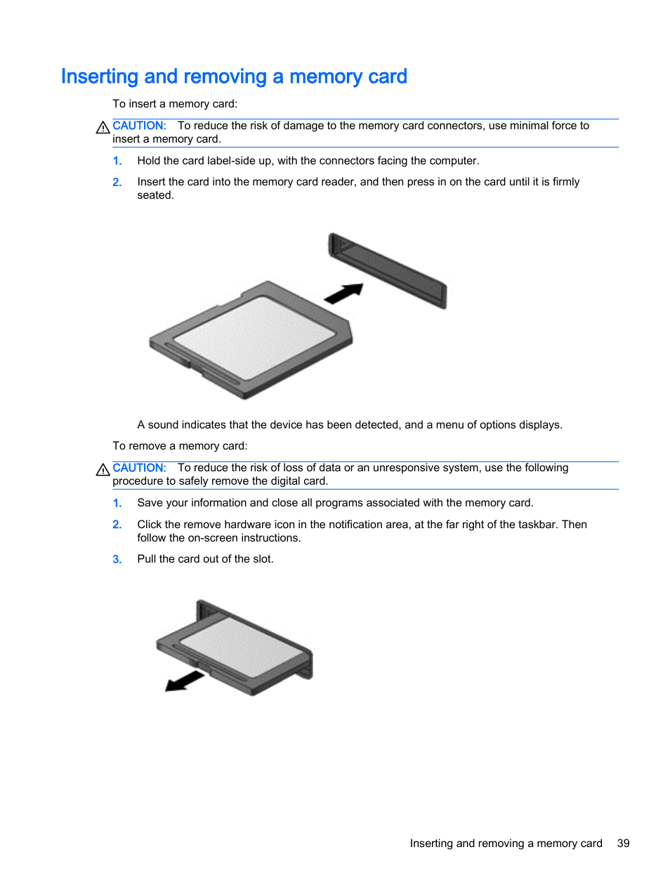 Inserting and removing a memory card | HP 15-r081nr Notebook PC User Manual | Page 49 / 77