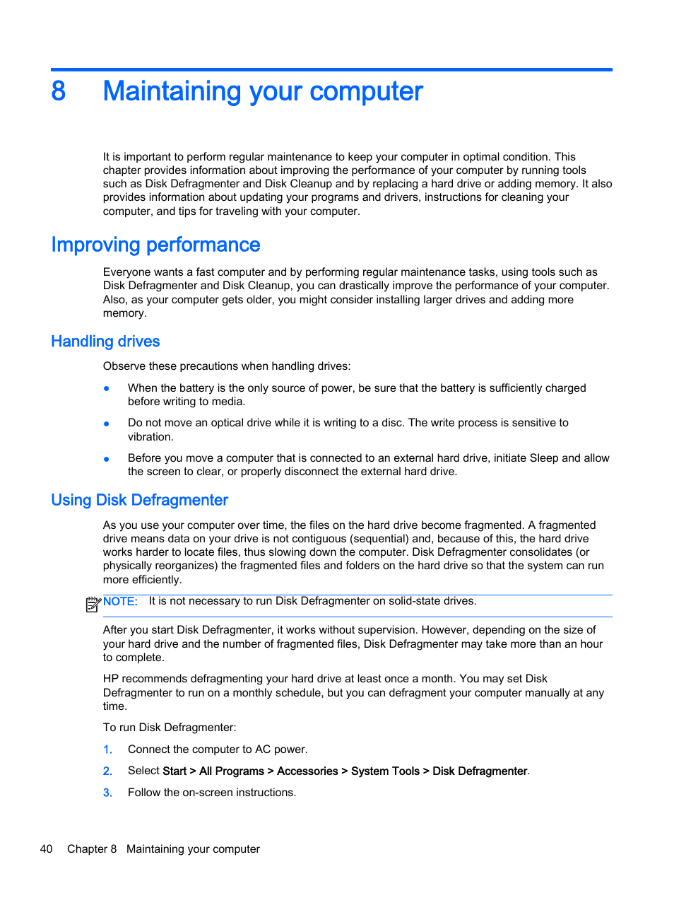 Maintaining your computer, Improving performance, Handling drives | Using disk defragmenter, 8 maintaining your computer, Handling drives using disk defragmenter, 8maintaining your computer | HP 15-r081nr Notebook PC User Manual | Page 50 / 77