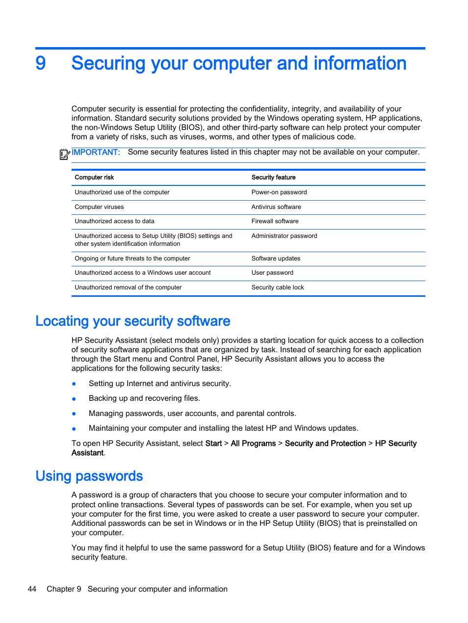 Securing your computer and information, Locating your security software, Using passwords | 9 securing your computer and information, Locating your security software using passwords, 9securing your computer and information | HP 15-r081nr Notebook PC User Manual | Page 54 / 77