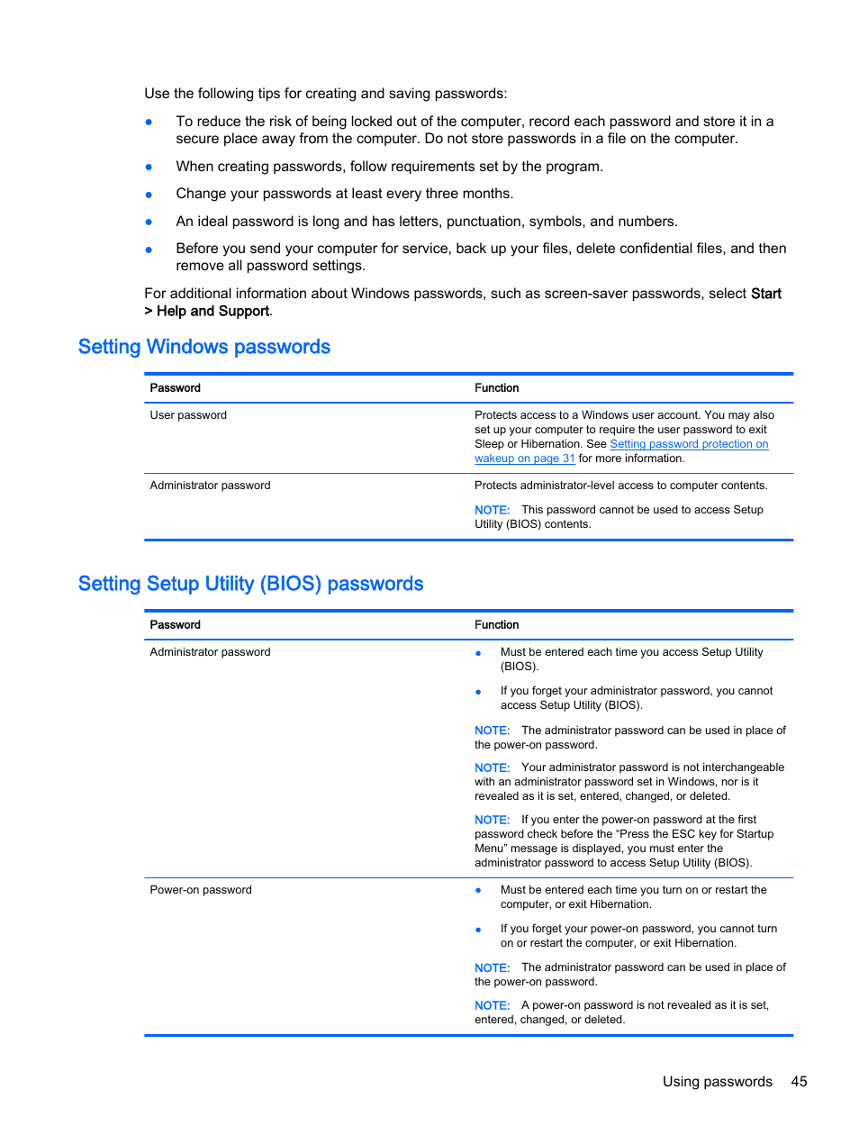 Setting windows passwords, Setting setup utility (bios) passwords | HP 15-r081nr Notebook PC User Manual | Page 55 / 77