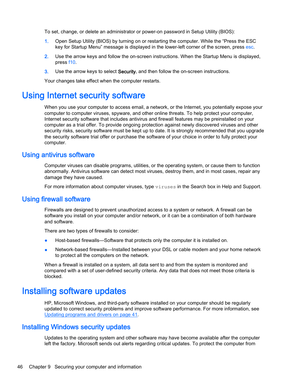 Using internet security software, Using antivirus software, Using firewall software | Installing software updates, Installing windows security updates, Using antivirus software using firewall software | HP 15-r081nr Notebook PC User Manual | Page 56 / 77