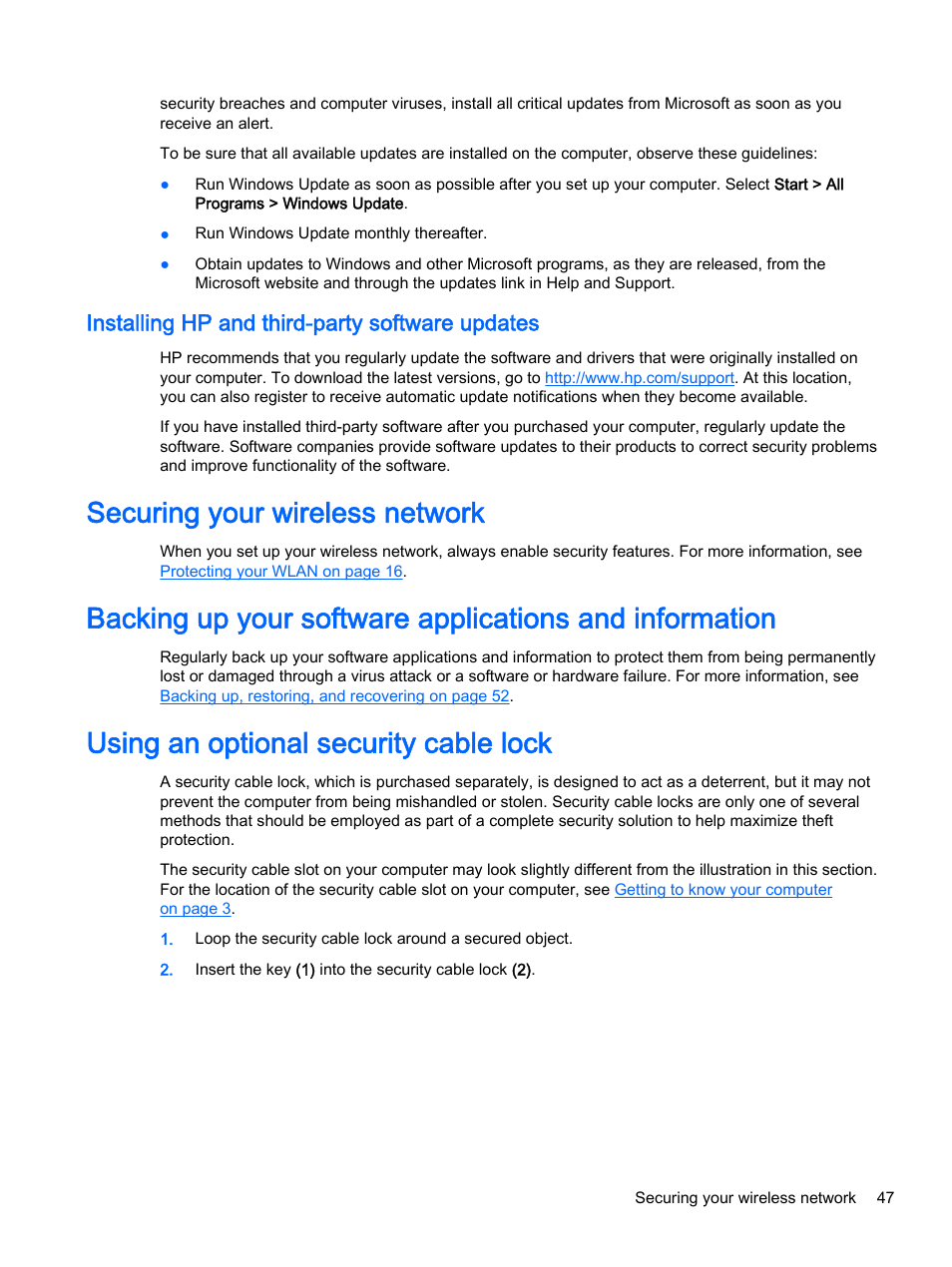 Installing hp and third-party software updates, Securing your wireless network, Using an optional security cable lock | HP 15-r081nr Notebook PC User Manual | Page 57 / 77