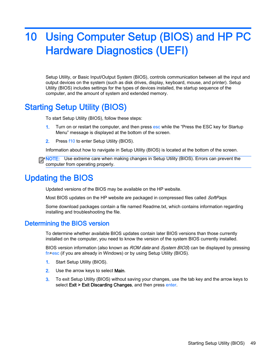 Starting setup utility (bios), Updating the bios, Determining the bios version | Starting setup utility (bios) updating the bios | HP 15-r081nr Notebook PC User Manual | Page 59 / 77
