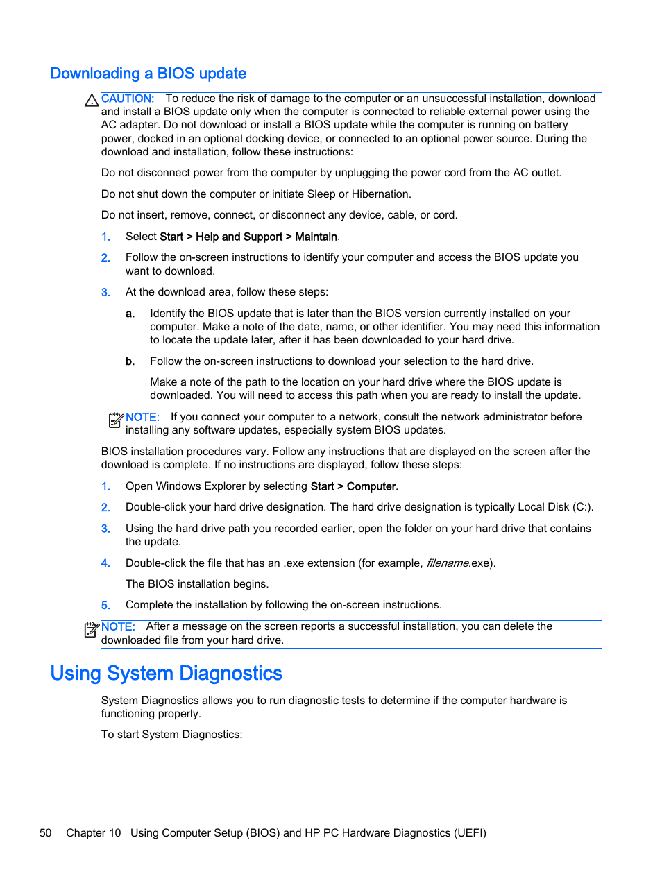 Downloading a bios update, Using system diagnostics | HP 15-r081nr Notebook PC User Manual | Page 60 / 77