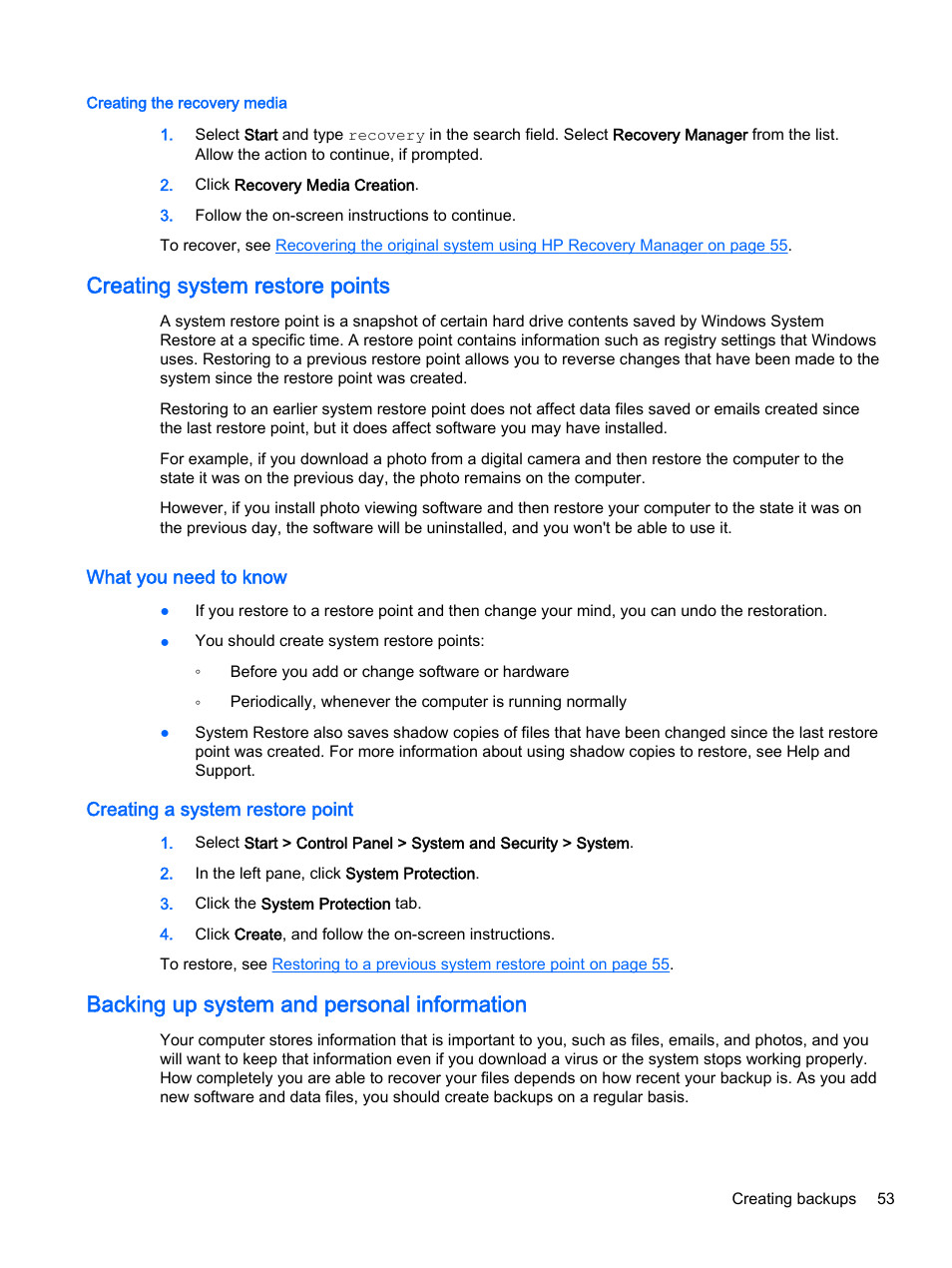 Creating the recovery media, Creating system restore points, What you need to know | Creating a system restore point, Backing up system and personal information | HP 15-r081nr Notebook PC User Manual | Page 63 / 77