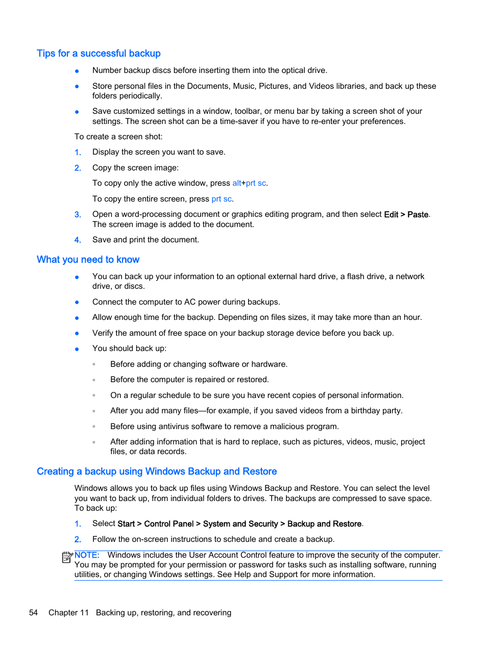 Tips for a successful backup, What you need to know, Creating a backup using windows backup and restore | HP 15-r081nr Notebook PC User Manual | Page 64 / 77