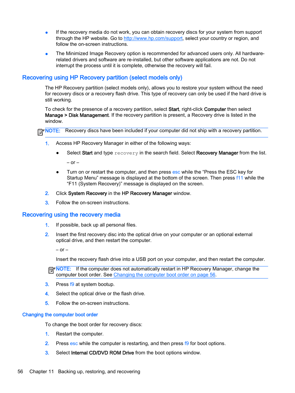 Recovering using the recovery media, Changing the computer boot order | HP 15-r081nr Notebook PC User Manual | Page 66 / 77
