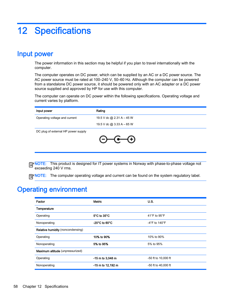 Specifications, Input power, Operating environment | 12 specifications, Input power operating environment | HP 15-r081nr Notebook PC User Manual | Page 68 / 77