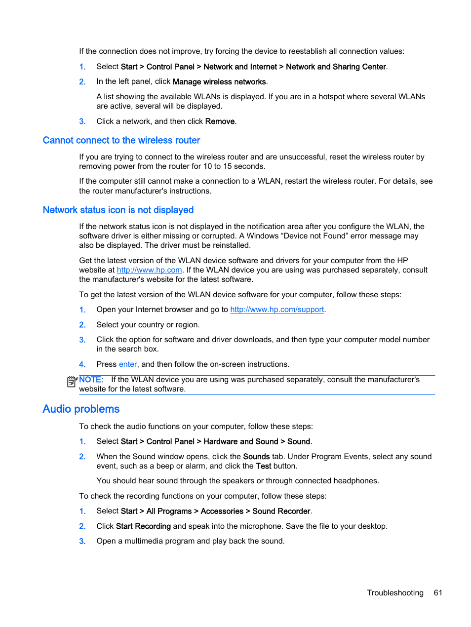 Cannot connect to the wireless router, Network status icon is not displayed, Audio problems | HP 15-r081nr Notebook PC User Manual | Page 71 / 77