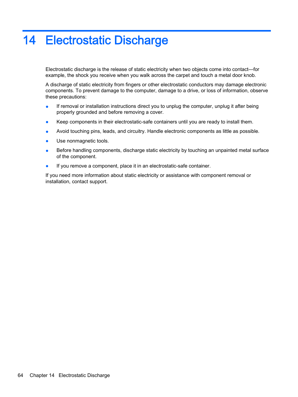 Electrostatic discharge, 14 electrostatic discharge | HP 15-r081nr Notebook PC User Manual | Page 74 / 77