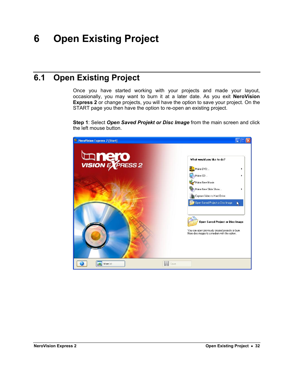 Open existing project, 6 open existing project, 1 open existing project | HP CD52 External CD-Writer Series User Manual | Page 32 / 89