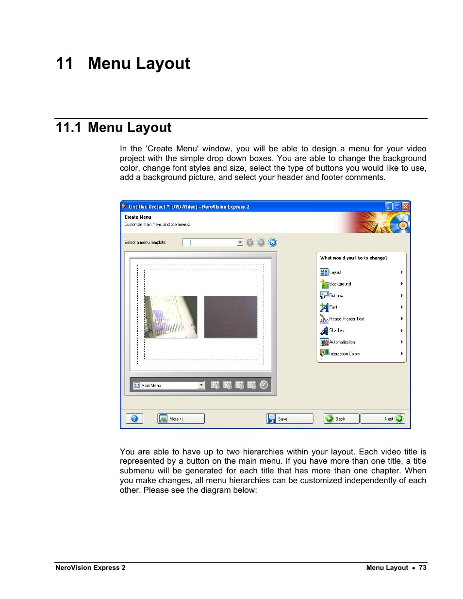 Menu layout, 11 menu layout, 1 menu layout | HP CD52 External CD-Writer Series User Manual | Page 73 / 89