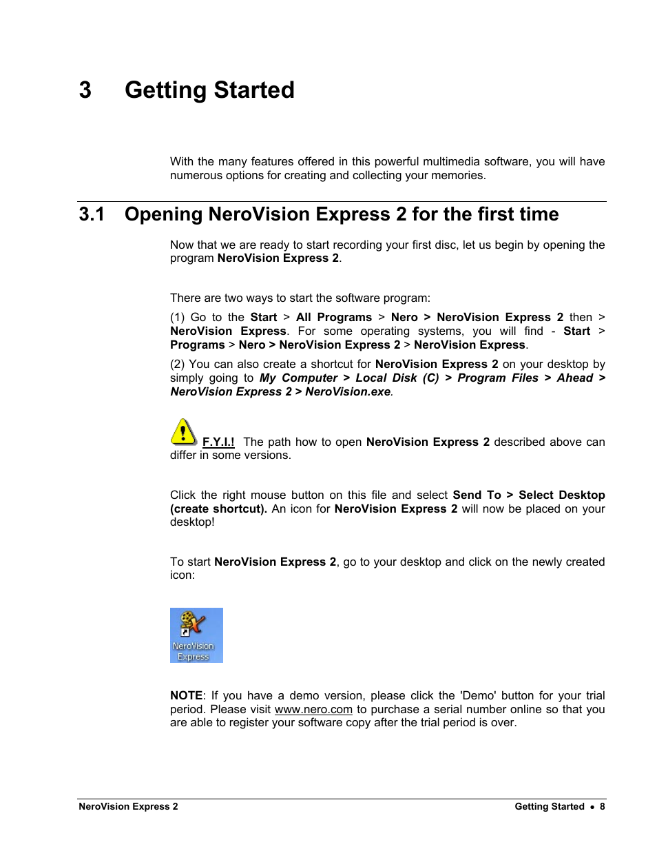 Getting started, Opening nerovision express 2 for the first time, 3 getting started | 1 opening nerovision express 2 for the first time | HP CD52 External CD-Writer Series User Manual | Page 8 / 89