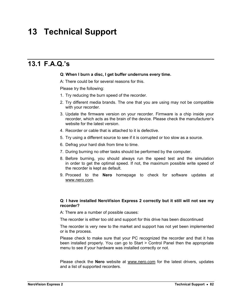 Technical support, F.a.q.’s, 13 technical support | 1 f.a.q.’s | HP CD52 External CD-Writer Series User Manual | Page 82 / 89